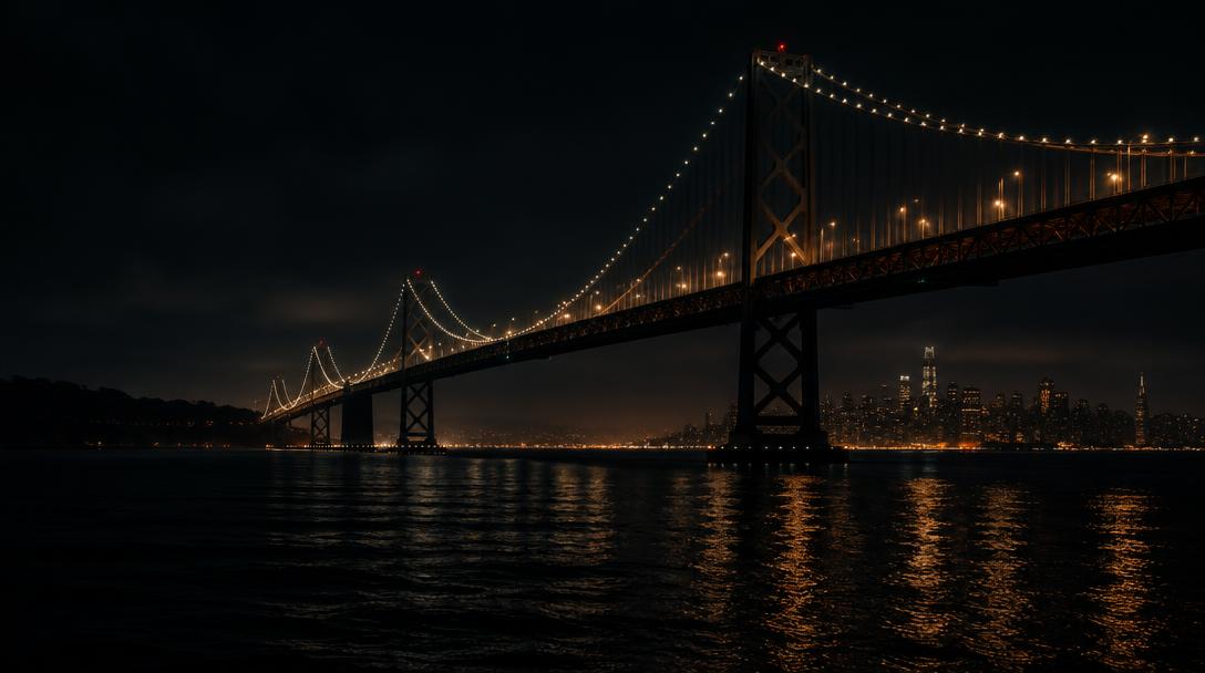 The Bay Bridge lit up at night