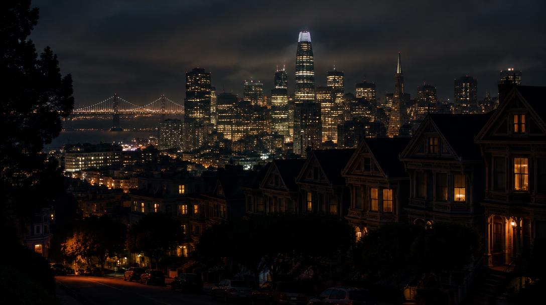San Francisco hills at night with the downtown skyline behind